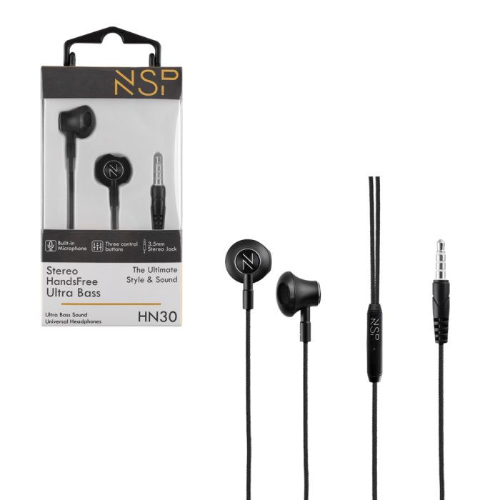 NSP HANDS FREE STEREO UNIVERSAL 3.5mm 1.2m ULTRABASS HN30 WITH REMOTE AND MIC BLACK