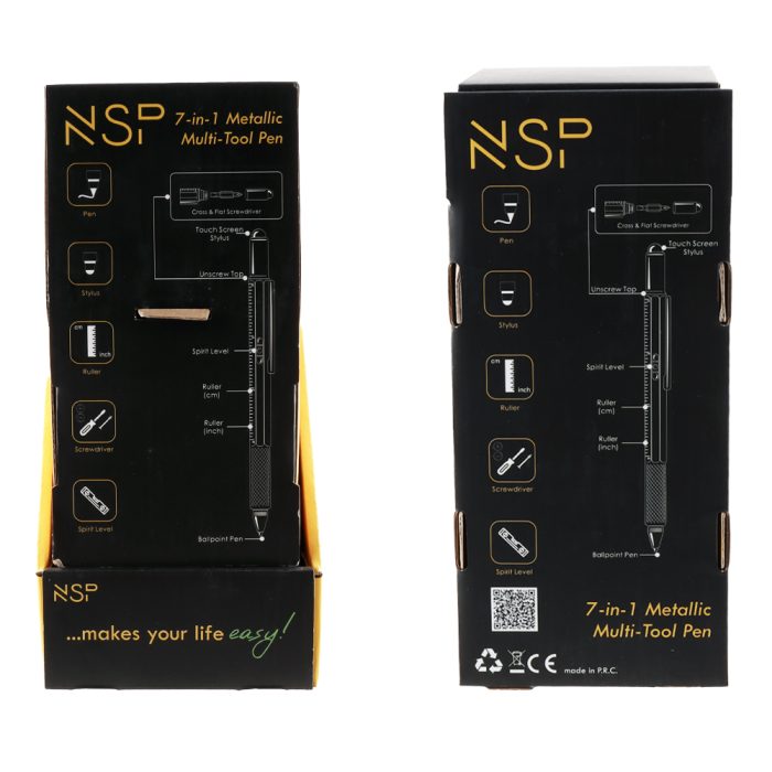 NSP STAND WITH 30 PCS NSP 7 IN 1 METALLIC MULTI-TOOL PEN UNIVERSAL BLACK/BLUE/RED