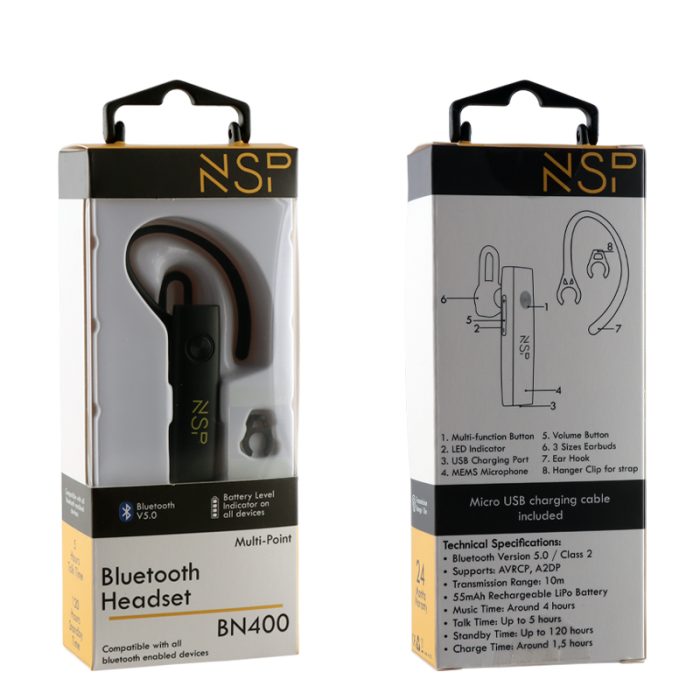NSP BLUETOOTH HEADSET BN400 V5.0 + HANGER CLIP FOR STRAP BLACK