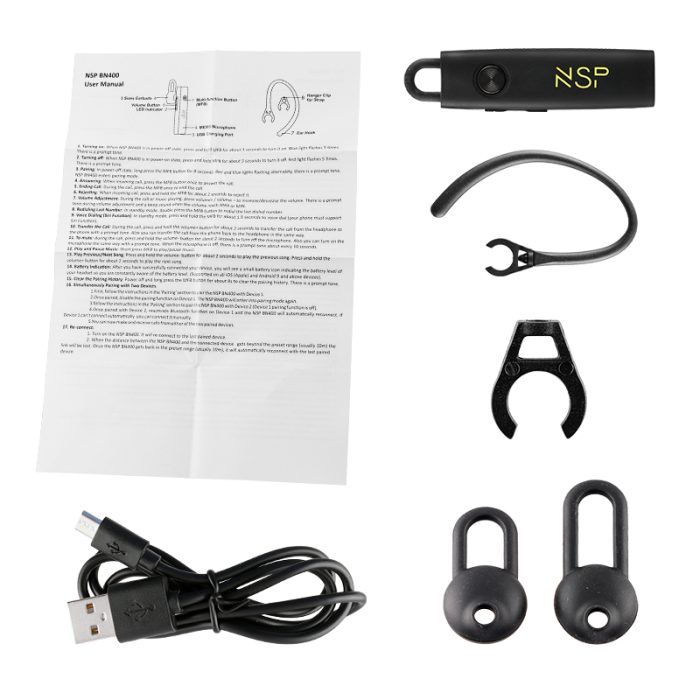 NSP BLUETOOTH HEADSET BN400 V5.0 + HANGER CLIP FOR STRAP BLACK