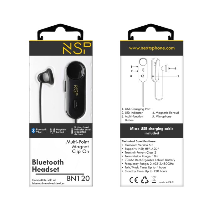 NSP BLUETOOTH BN120 MAGNET CLIP ON HEADSET V5.3 BLACK