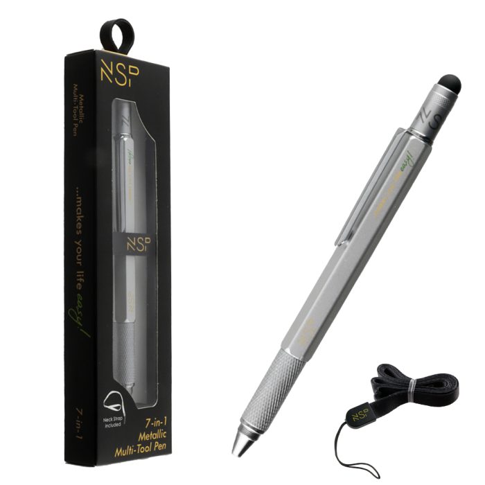 NSP 7 IN 1 METALLIC MULTI-TOOL PEN SILVER (WITH RED INK)