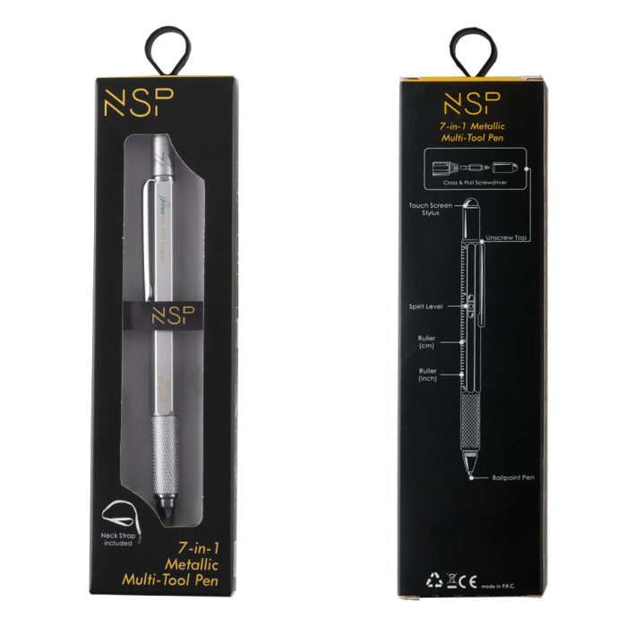 NSP 7 IN 1 METALLIC MULTI-TOOL PEN SILVER (WITH RED INK)