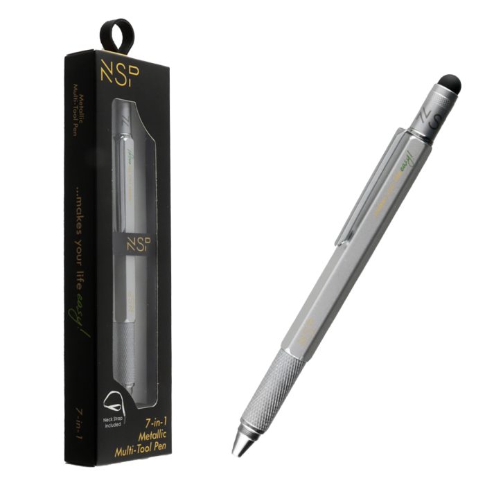 NSP 7 IN 1 METALLIC MULTI-TOOL PEN SILVER (WITH RED INK)