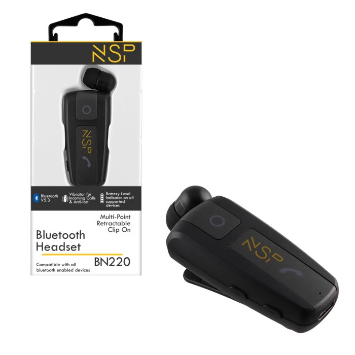 NSP BLUETOOTH BN220 RETRACTABLE CLIP ON HEADSET V5.3 VIBRATION + ANTI-LOST BLACK