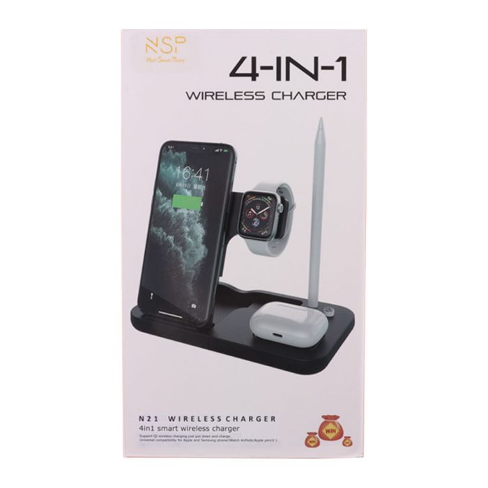 NSP N21 WIRELESS CHARGER 4 IN 1 (PHONE 15W/SMARTWATCH 2W/BLUETOOTH 3W/APPLE PENCIL 1W) USB-C 1m BLACK